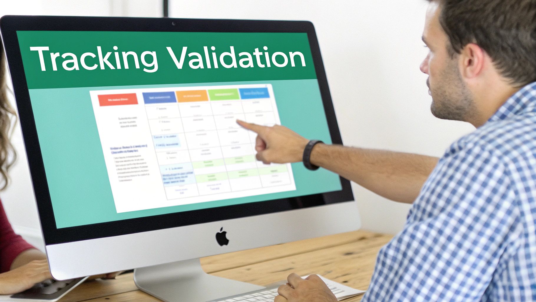 A man points at a desktop computer screen displaying 'Tracking Validation' and data in a table.