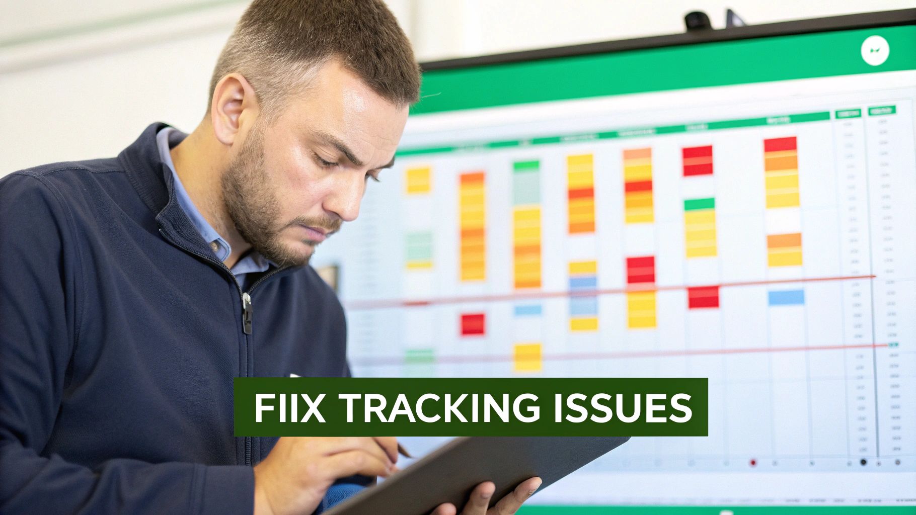 A man reviews issues on a tablet with a large screen displaying tracking data in the background.