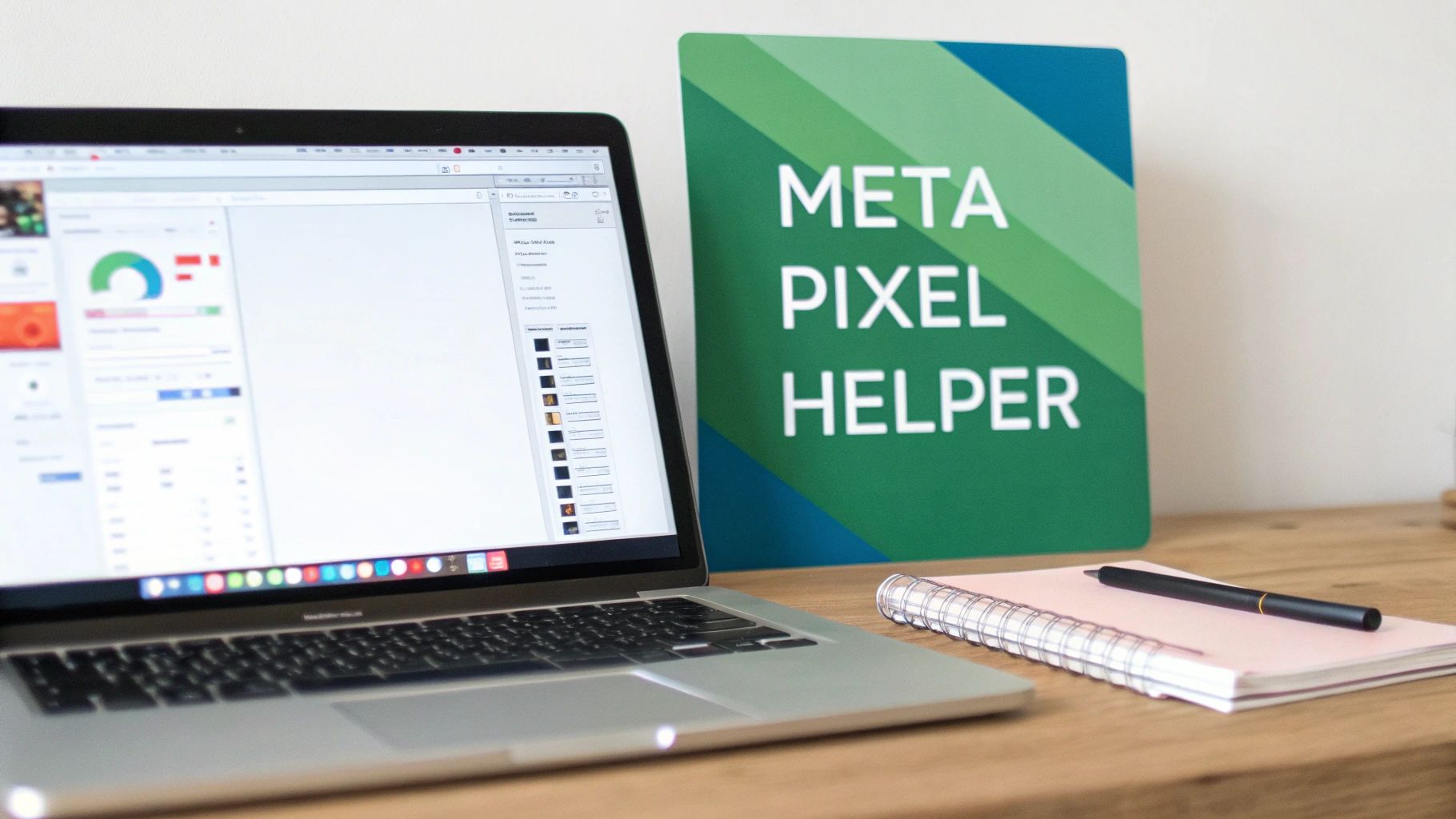 A laptop displaying data, a 'META PIXEL HELPER' sign, and a notebook with a pen on a wooden desk.