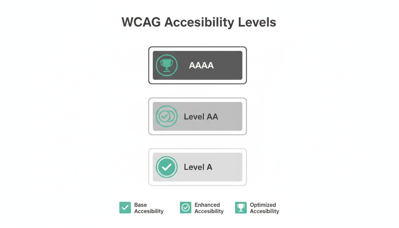 Diagram showing WCAG accessibility levels: A (Base), AA (Enhanced), and AAAA (Optimized).