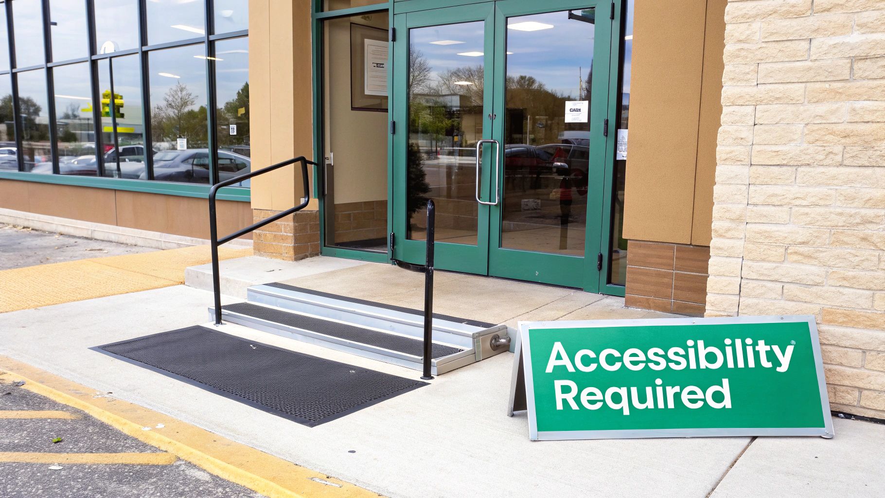 A building entrance features a wheelchair ramp, handrail, and a green 'Accessibility Required' sign.
