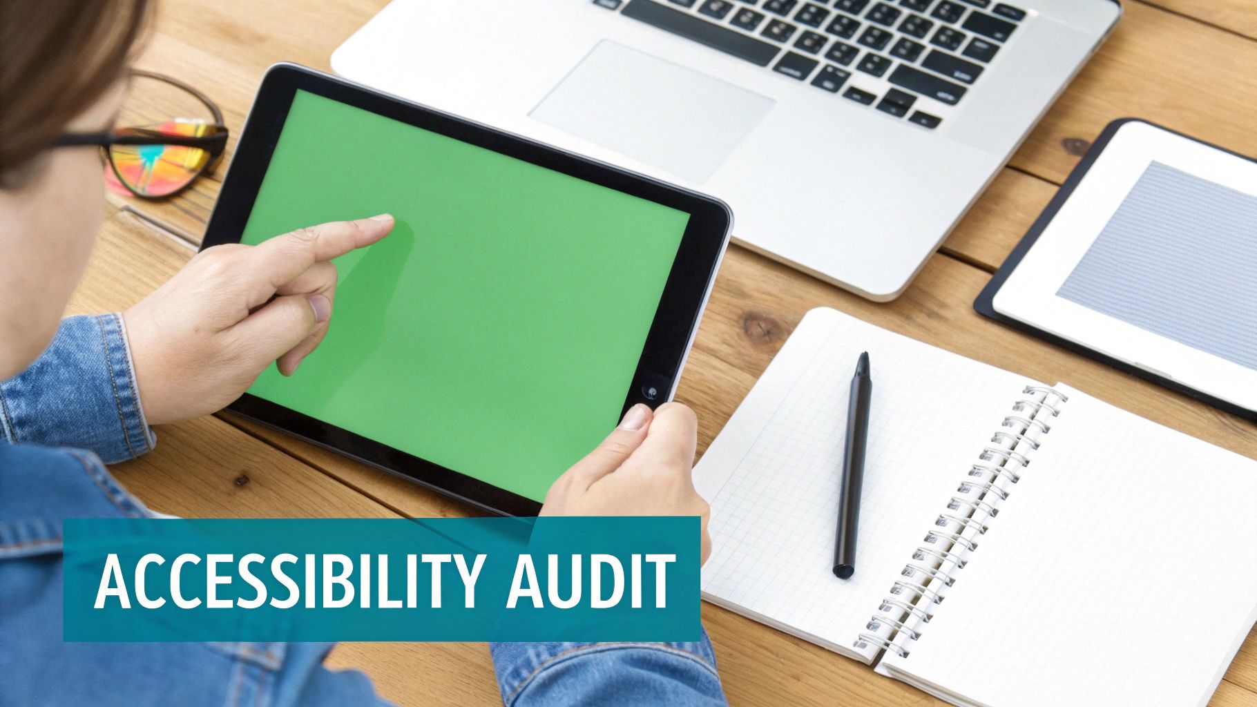 Hands interacting with a tablet (green screen) for an accessibility audit, with laptop and notebook on a desk.