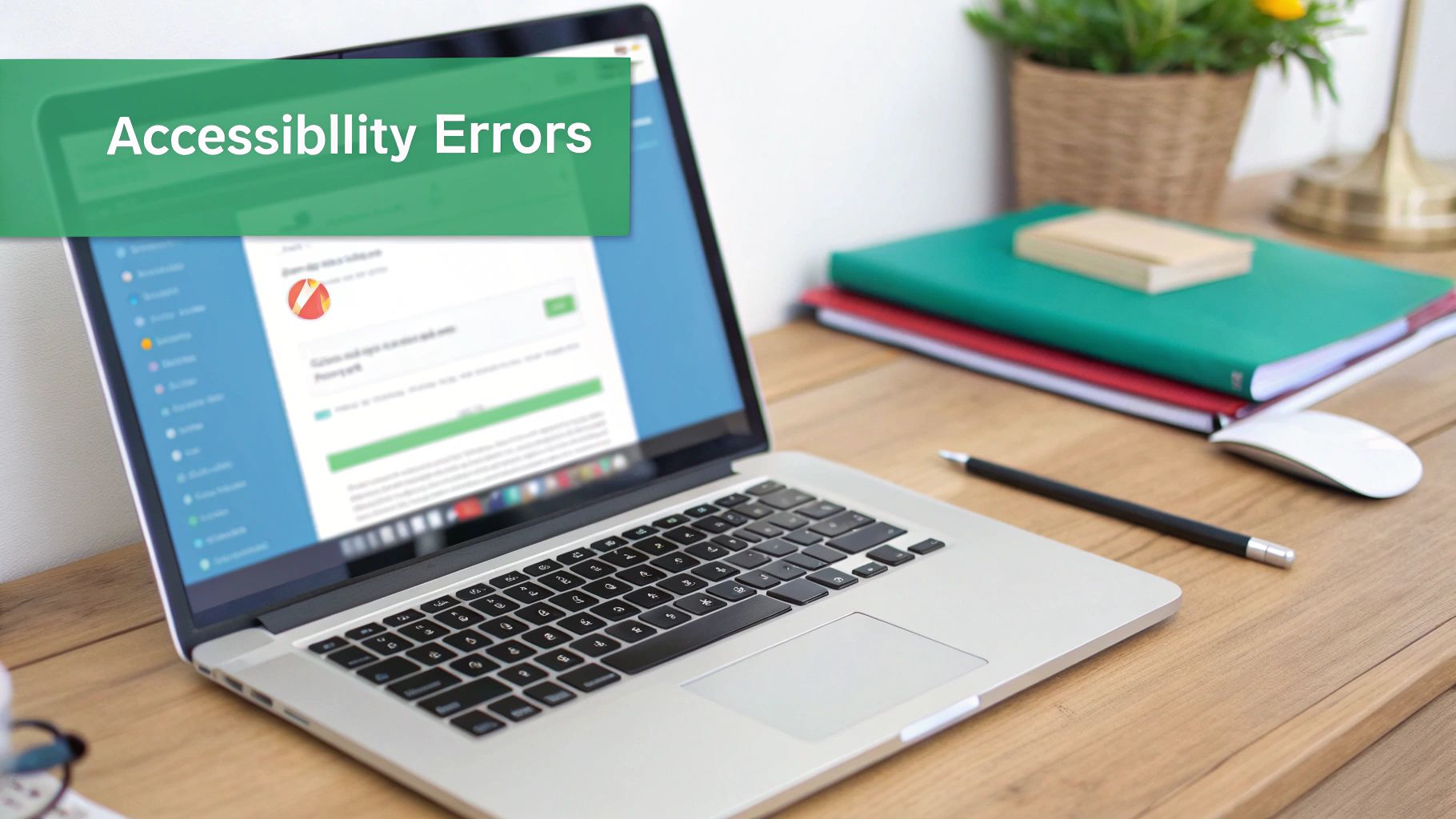 A laptop on a wooden desk displaying a screen with a green banner showing 'Accessibility Errors'.
