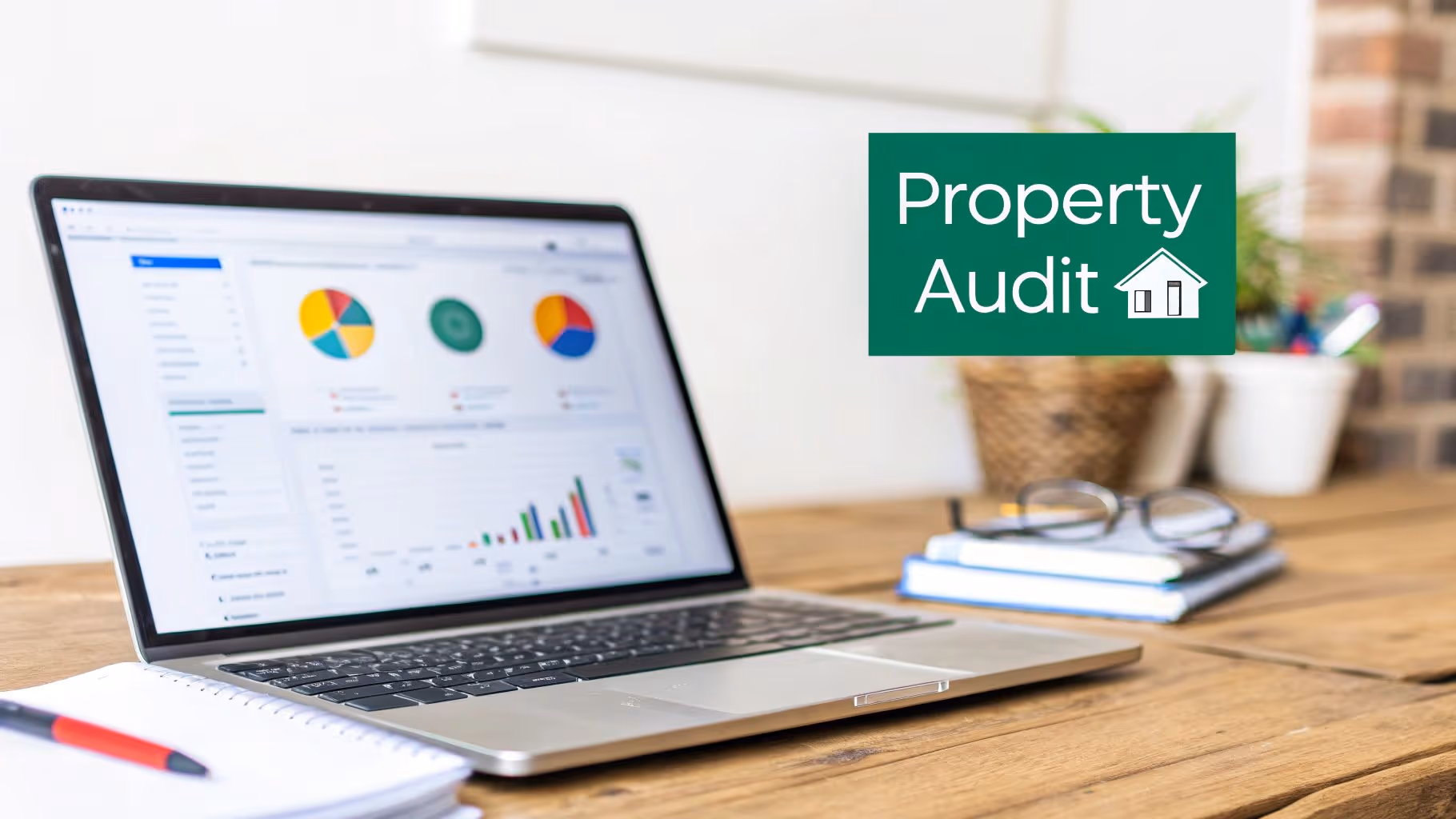 A laptop displaying property audit data with charts and graphs, next to a notepad, pen, and glasses on a wooden desk.