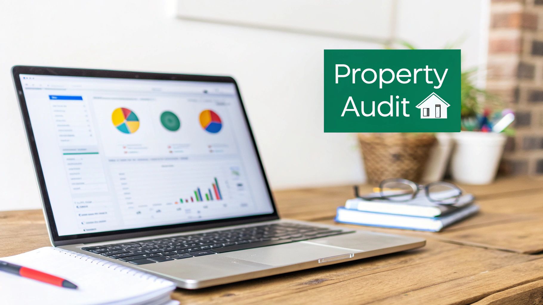 A laptop displaying property audit data with charts and graphs, next to a notepad, pen, and glasses on a wooden desk.