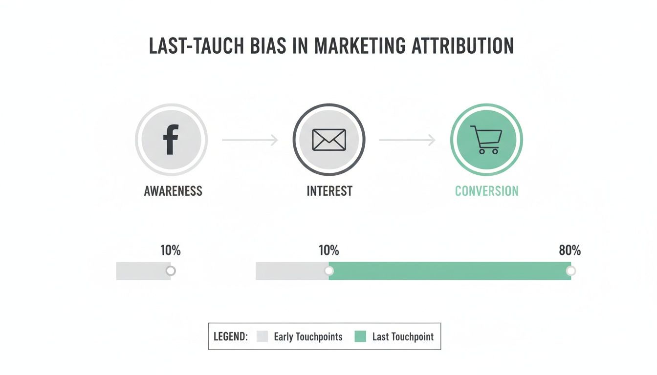 Infographic illustrating last-touch marketing attribution bias with 10% awareness, 10% interest, and 80% conversion.