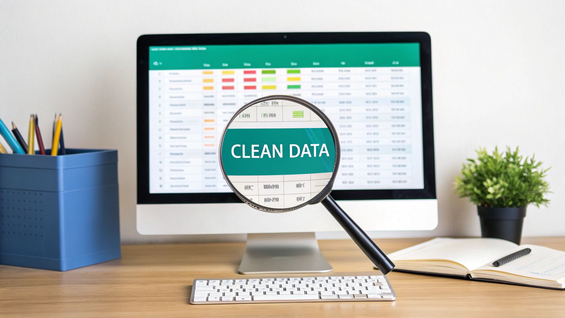 Magnifying glass highlights 'CLEAN DATA' on a computer screen displaying a spreadsheet, on an office desk.