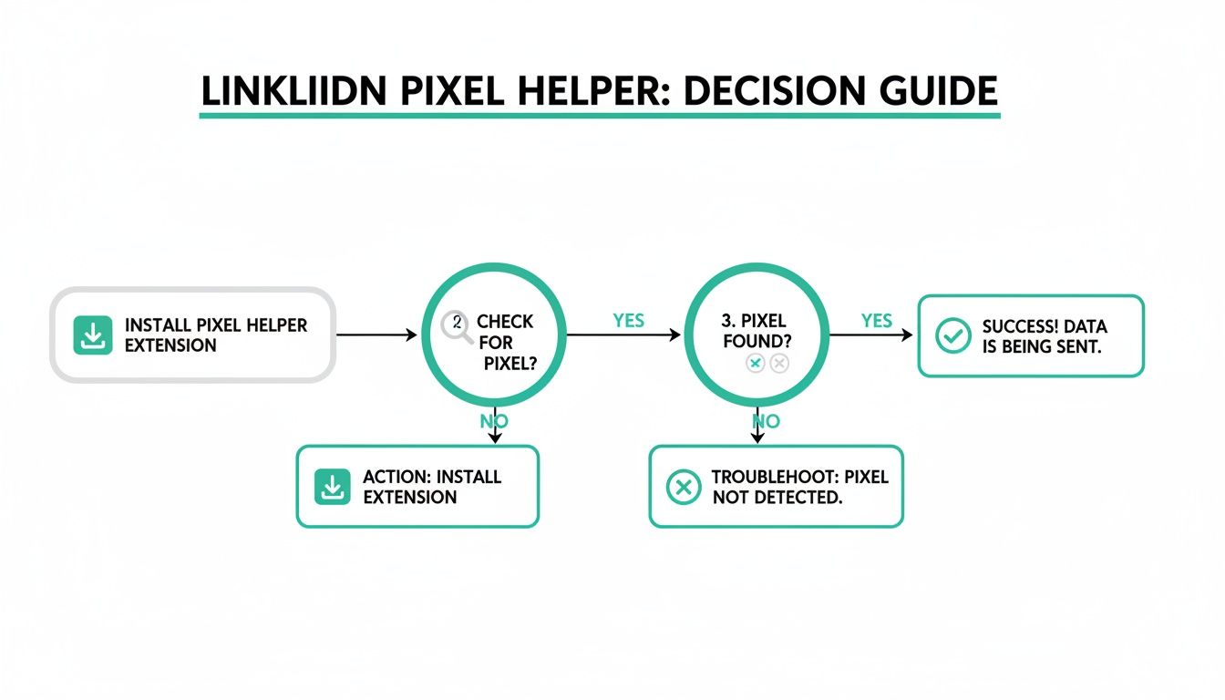 Flowchart guiding users through installing the LinkedIn Pixel Helper, checking for pixel detection, and troubleshooting.