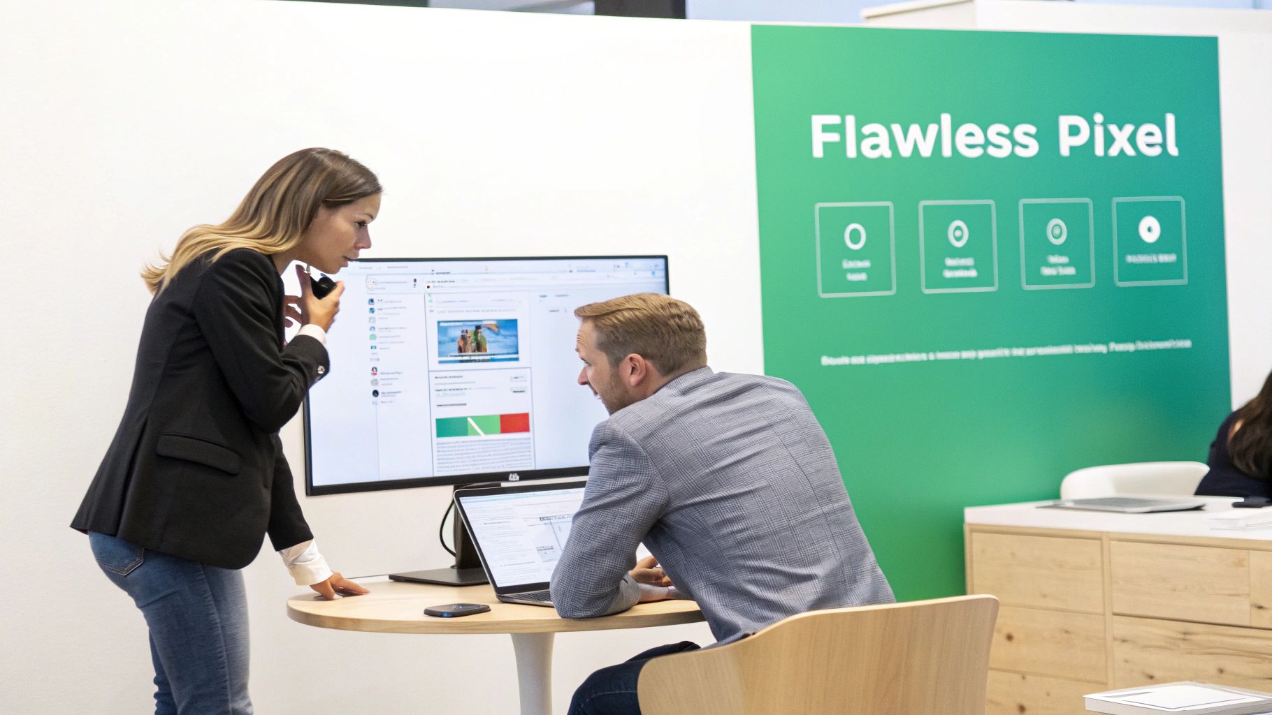 Two professionals collaborate at a desk with computers, discussing content displayed on a large monitor.