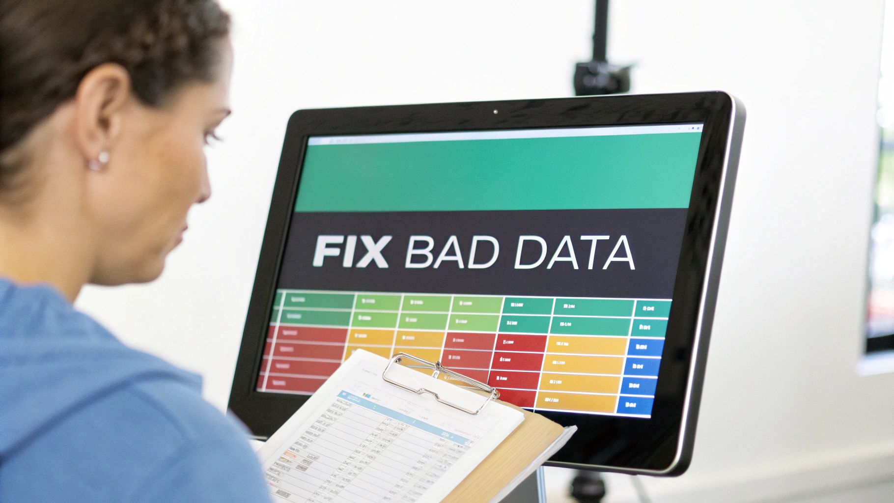 A person in a blue top analyzes data on a screen displaying 'FIX BAD DATA' and a spreadsheet, holding a clipboard.