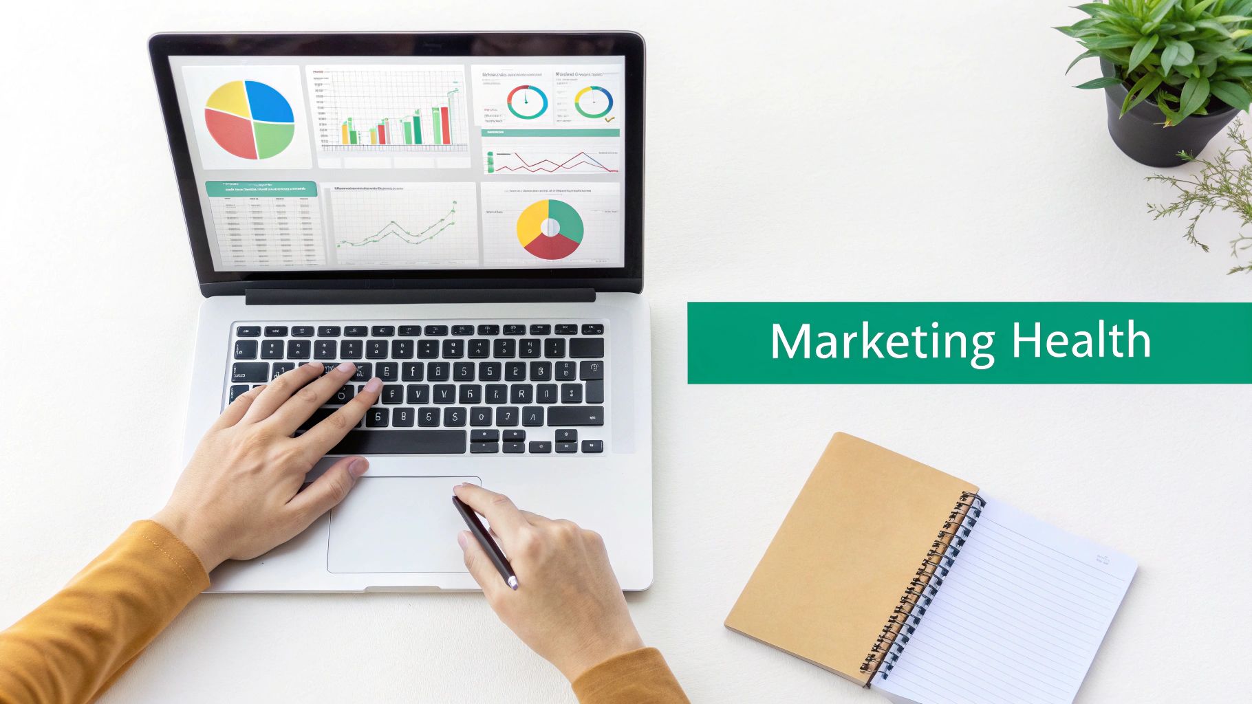 Person's hands working on a laptop displaying marketing health charts and graphs, with a notebook.
