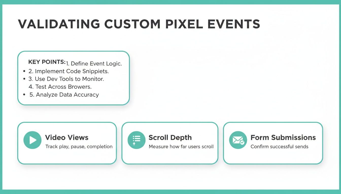 A slide explaining how to validate custom pixel events, with key points and examples.