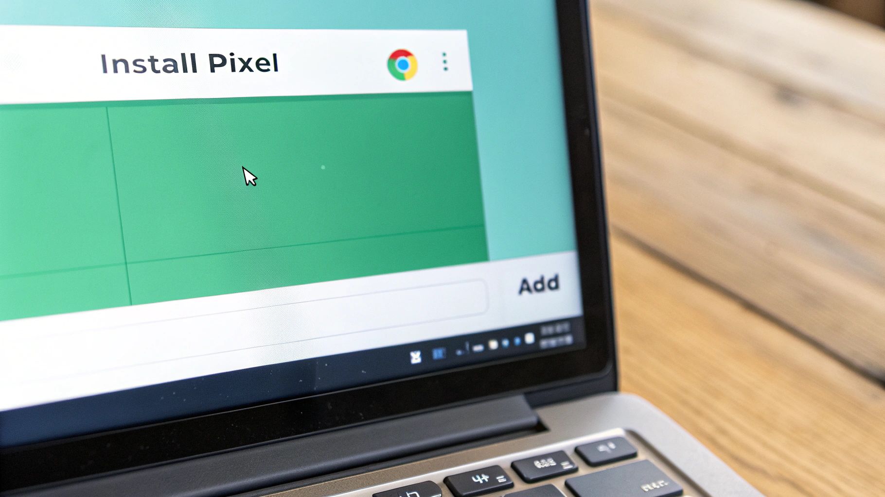 A laptop screen displaying a web browser open to an 'Install Pixel' page, with a mouse cursor.