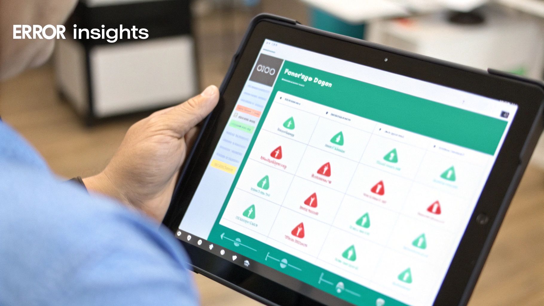 A person holds a tablet displaying a dashboard with green and red error status icons.
