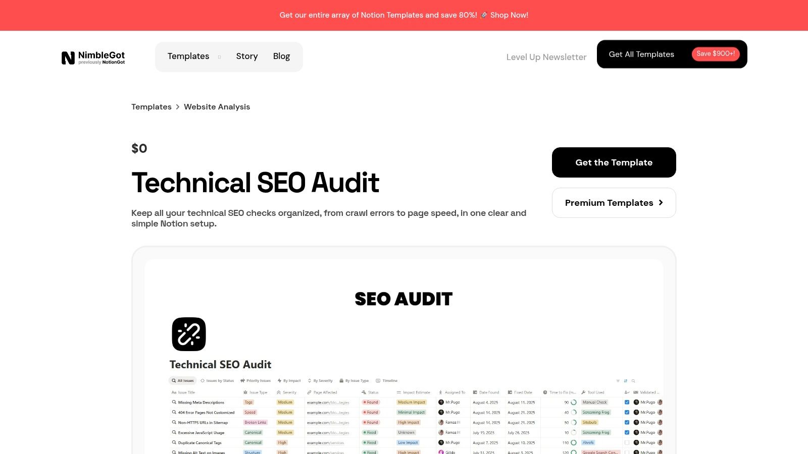 Nimblegot — Free Technical SEO Audit Template (Notion)