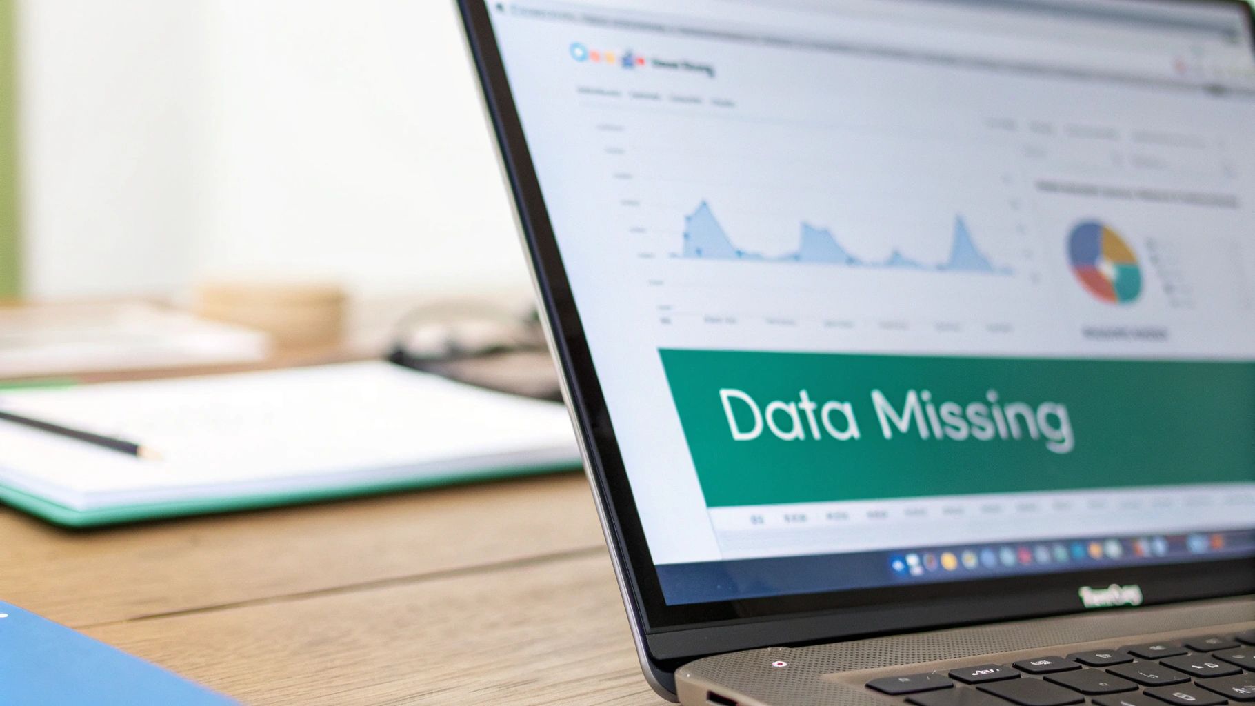 Close-up of a laptop screen showing a data analytics dashboard with graphs and a 'Data Missing' banner.