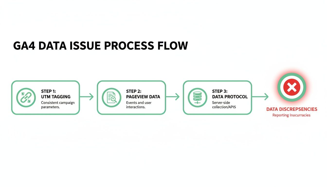 A flowchart detailing the GA4 data issue process from UTM tagging to data discrepancies.