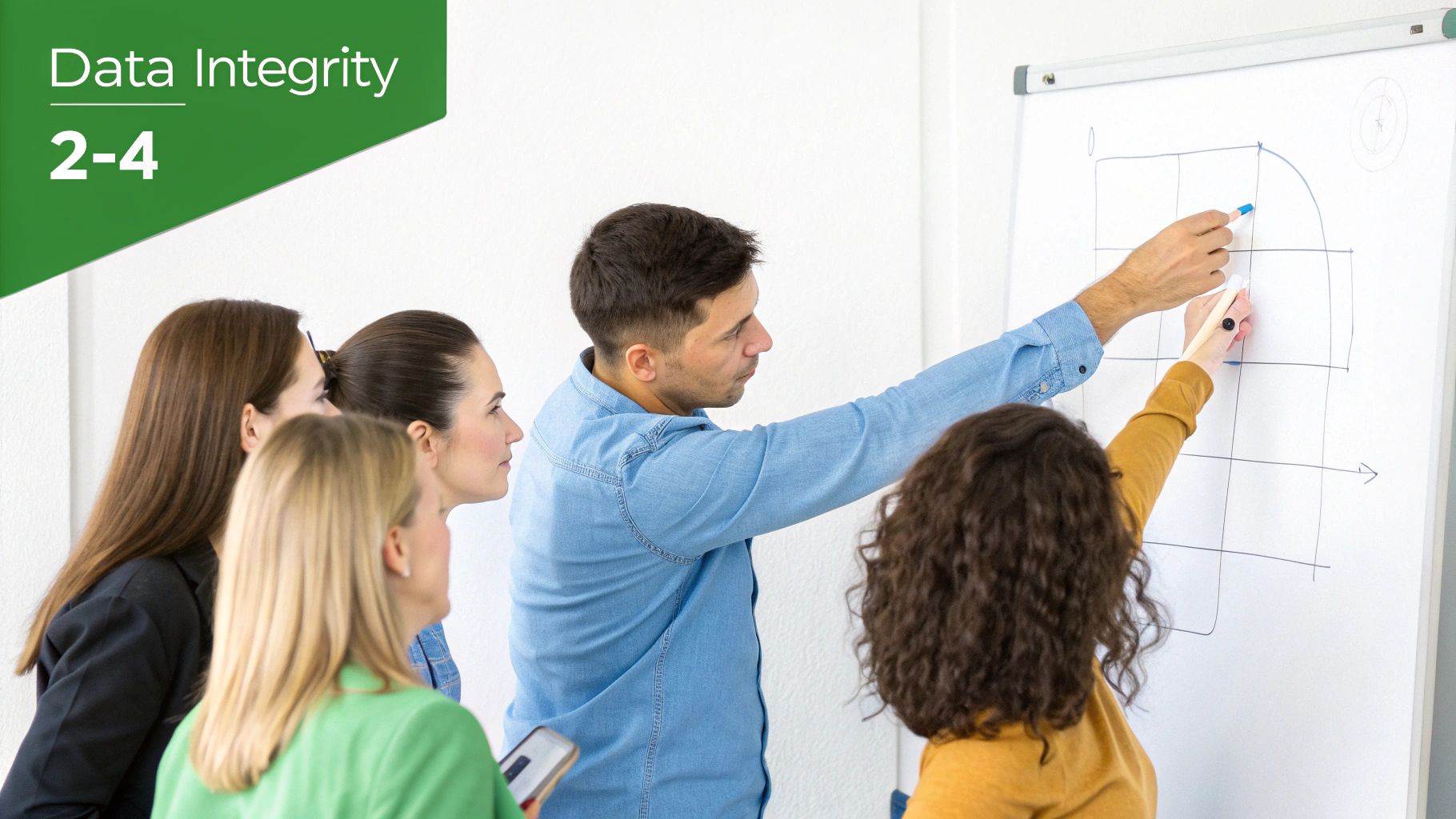 A diverse group of professionals collaborating and drawing diagrams on a whiteboard in an office.