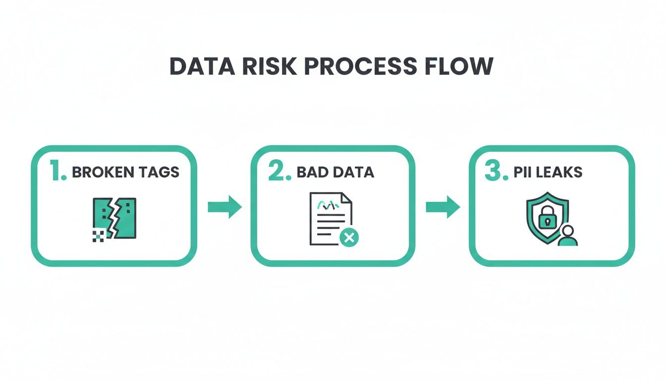A data risk process flow diagram showing steps for broken tags, bad data, and PII leaks.