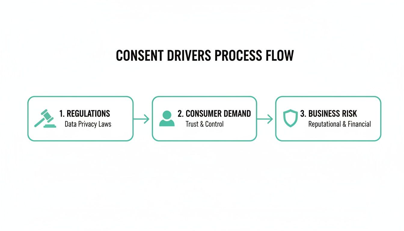 A process flow diagram illustrating three consent drivers: regulations, consumer demand, and business risk.