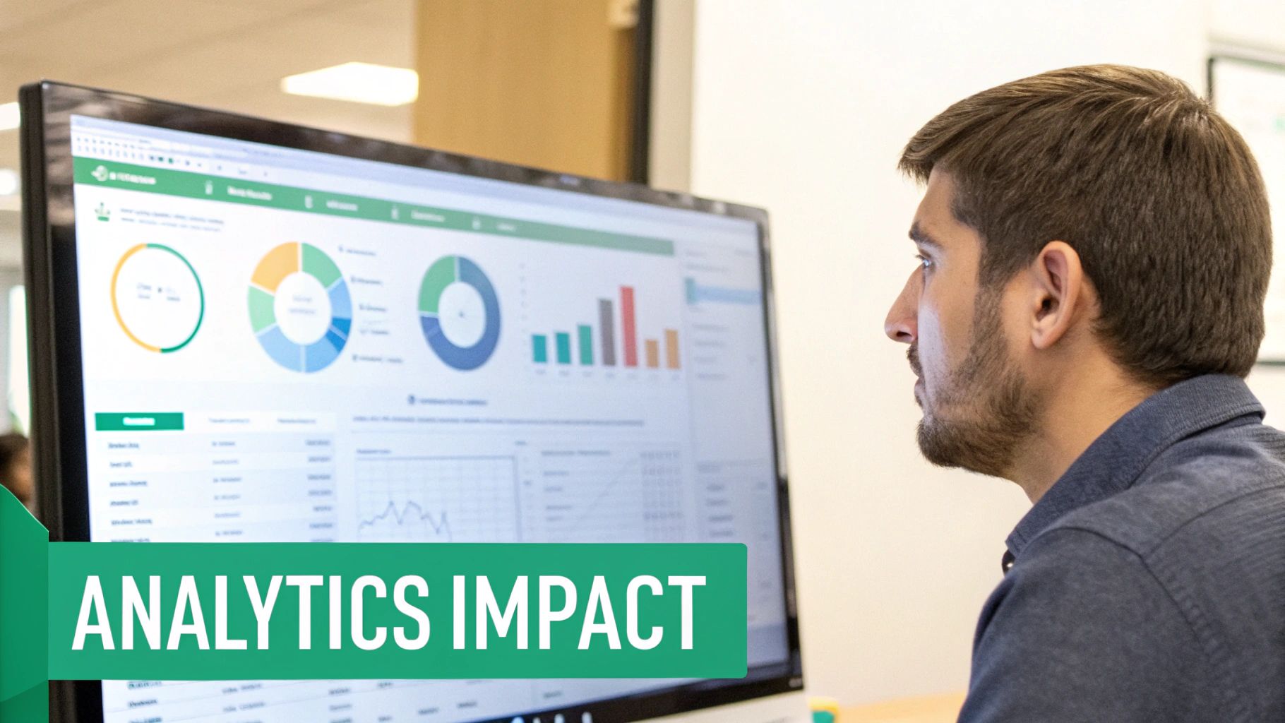 A man views a computer screen displaying analytics dashboards with charts and graphs.