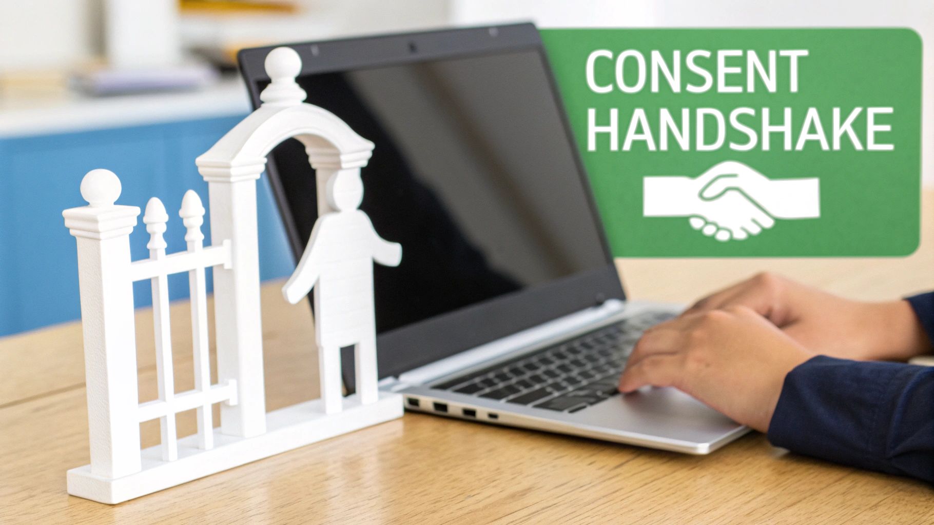 Hands type on a laptop near a symbolic gate and figure, with a 'CONSENT HANDSHAKE' sign.