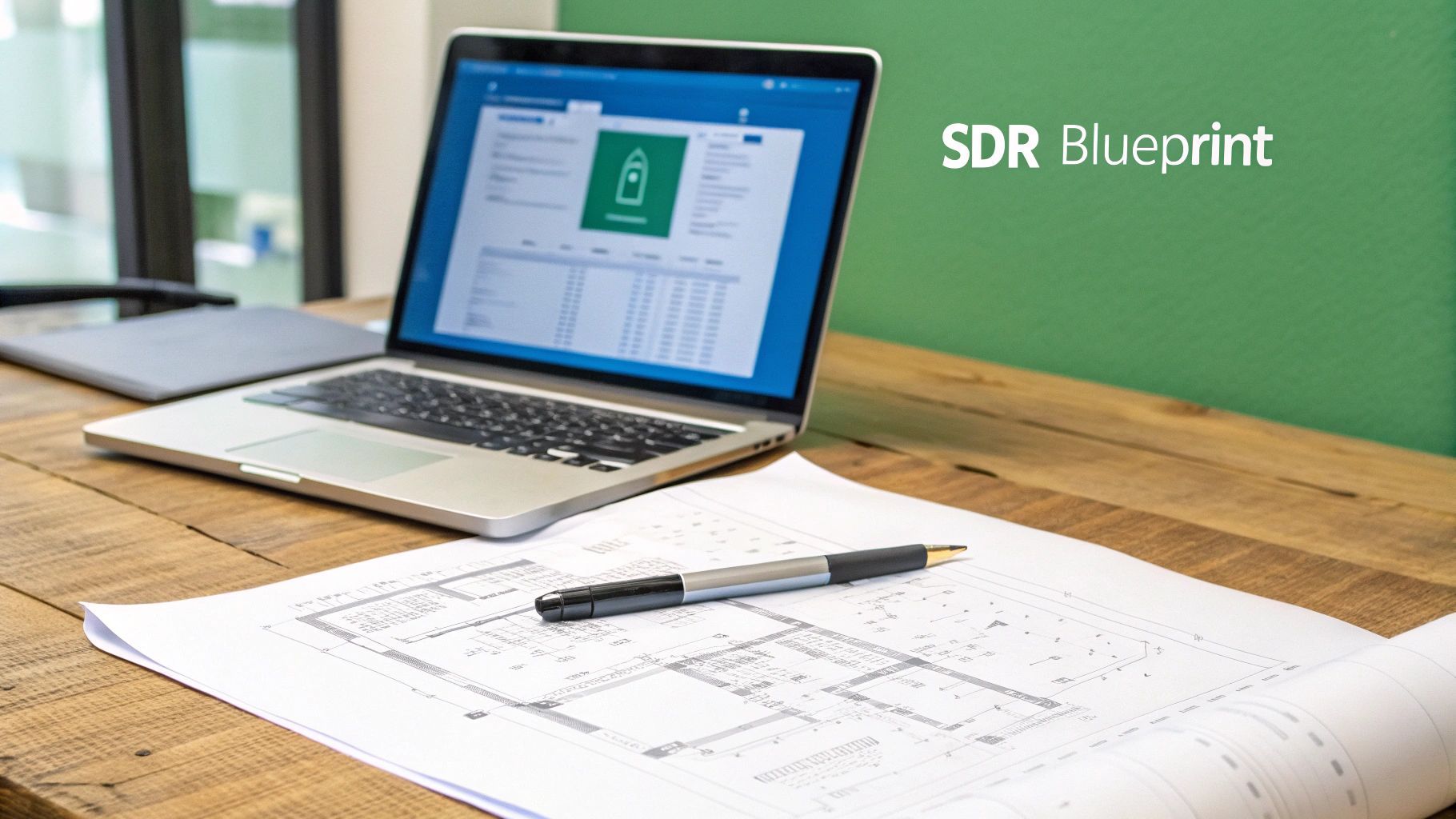 A laptop displaying software, an architectural blueprint, and a pen on a wooden desk, with 'SDR Blueprint' text.