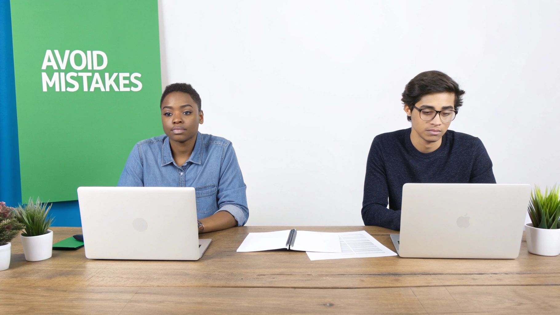 Two people working on laptops at a wooden desk, with an 'Avoid Mistakes' sign in the background.