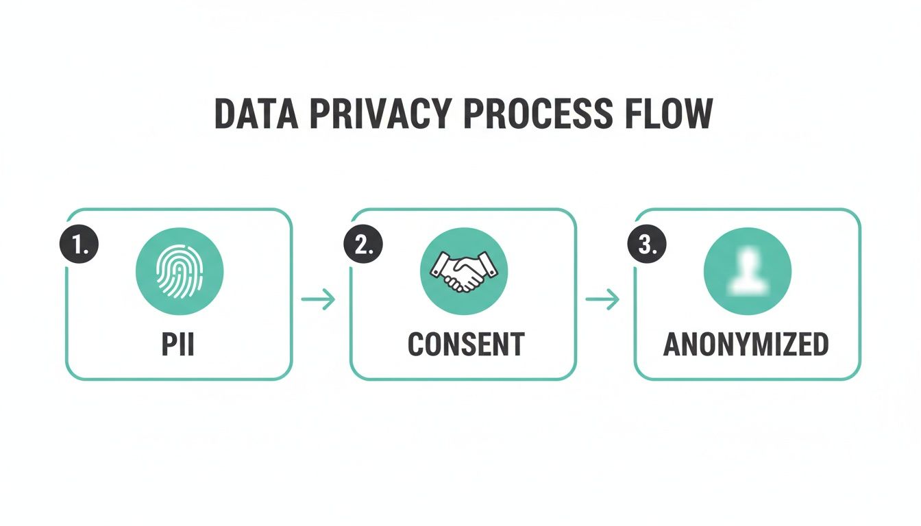 A diagram illustrating the data privacy process flow, moving from PII to anonymized data with consent.