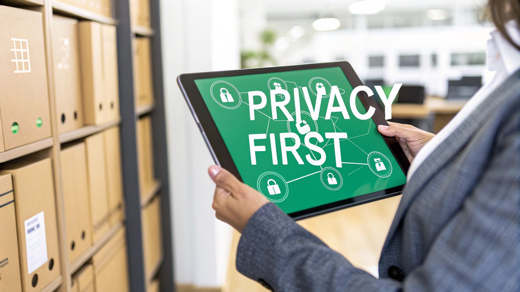 Person holds a tablet with 'PRIVACY FIRST' on a green screen, surrounded by lock icons in an office.