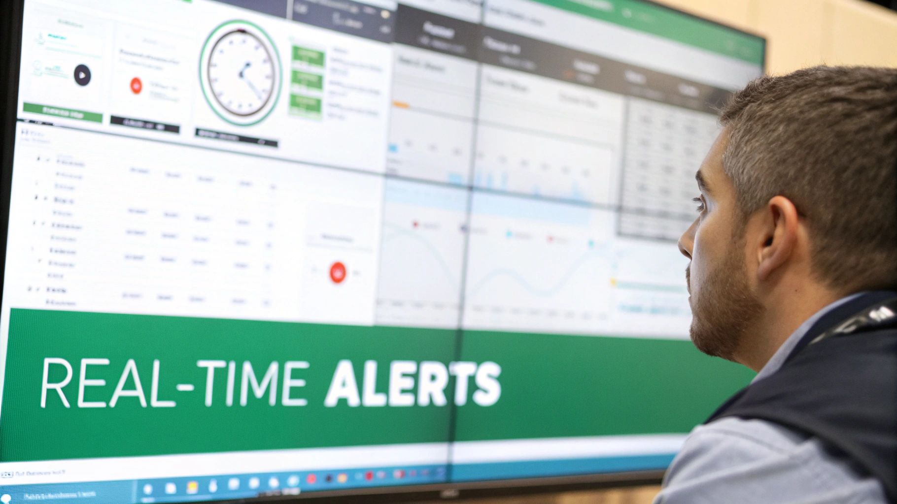 A man monitors real-time alerts and data dashboards on a large screen, focused on analytics.