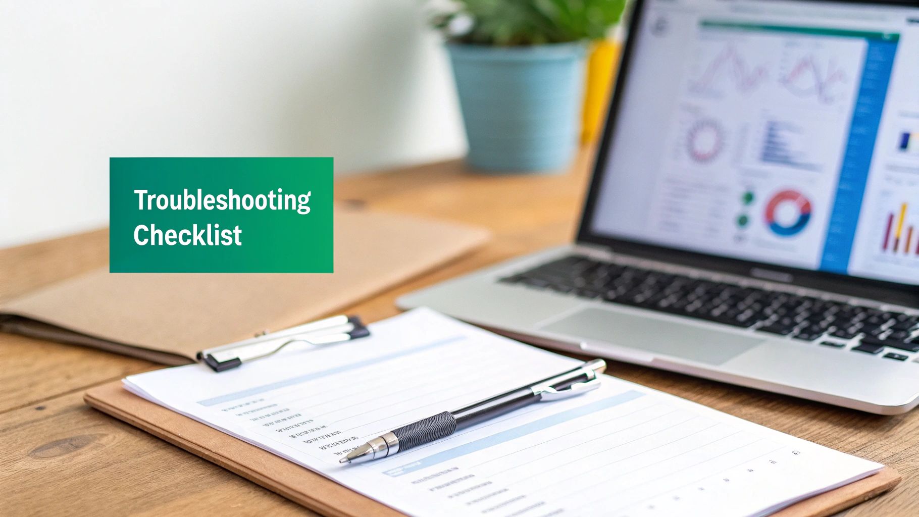 A troubleshooting checklist graphic on a desk with a laptop displaying data analytics.