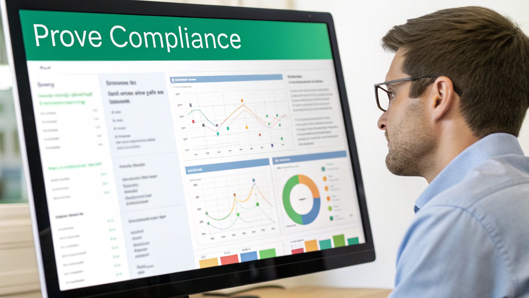 A man wearing glasses looks at a computer monitor displaying a compliance dashboard with various graphs and data.