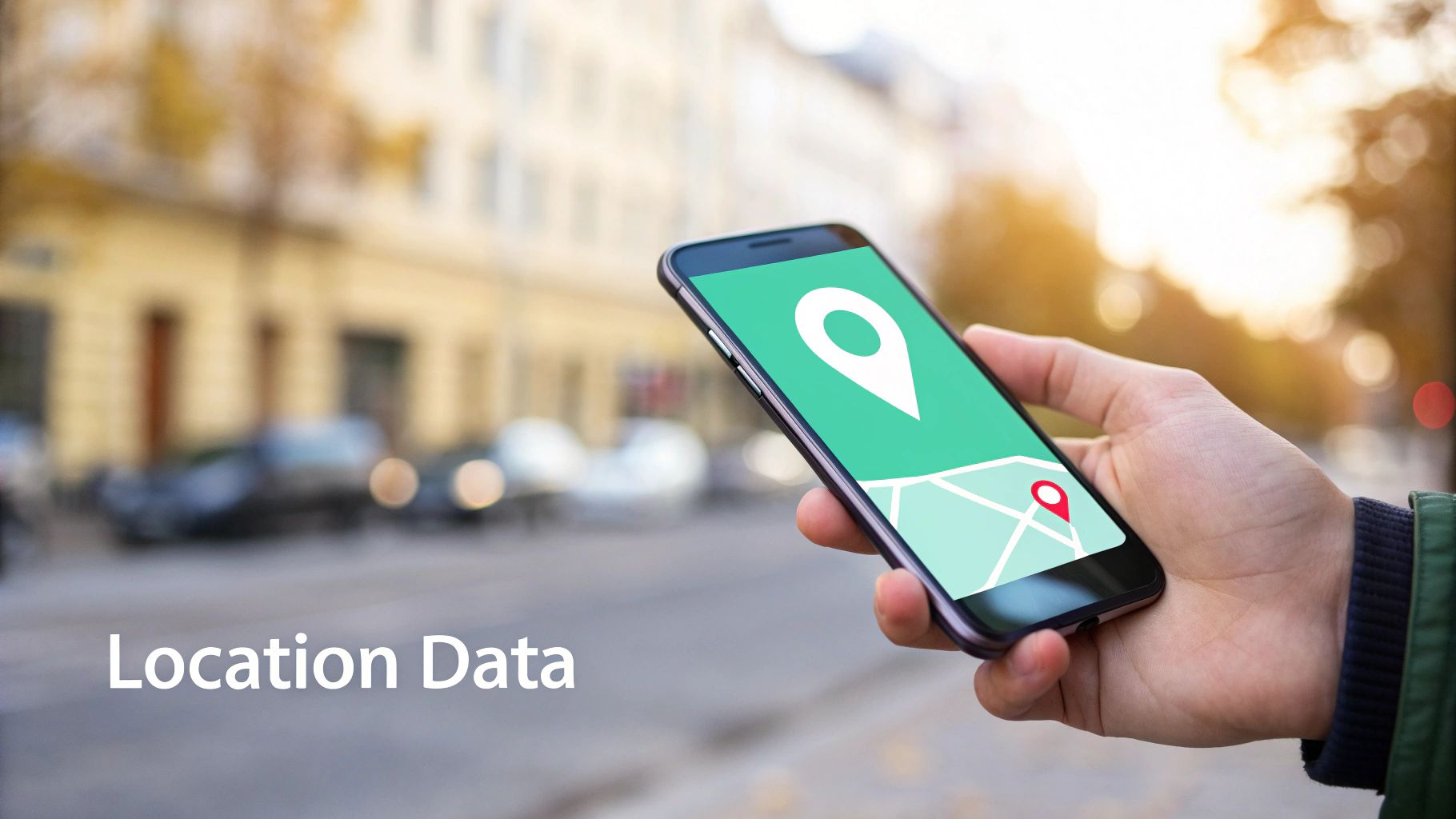 Hand holding a smartphone displaying a map app with a white location pin, against a blurred city street background.