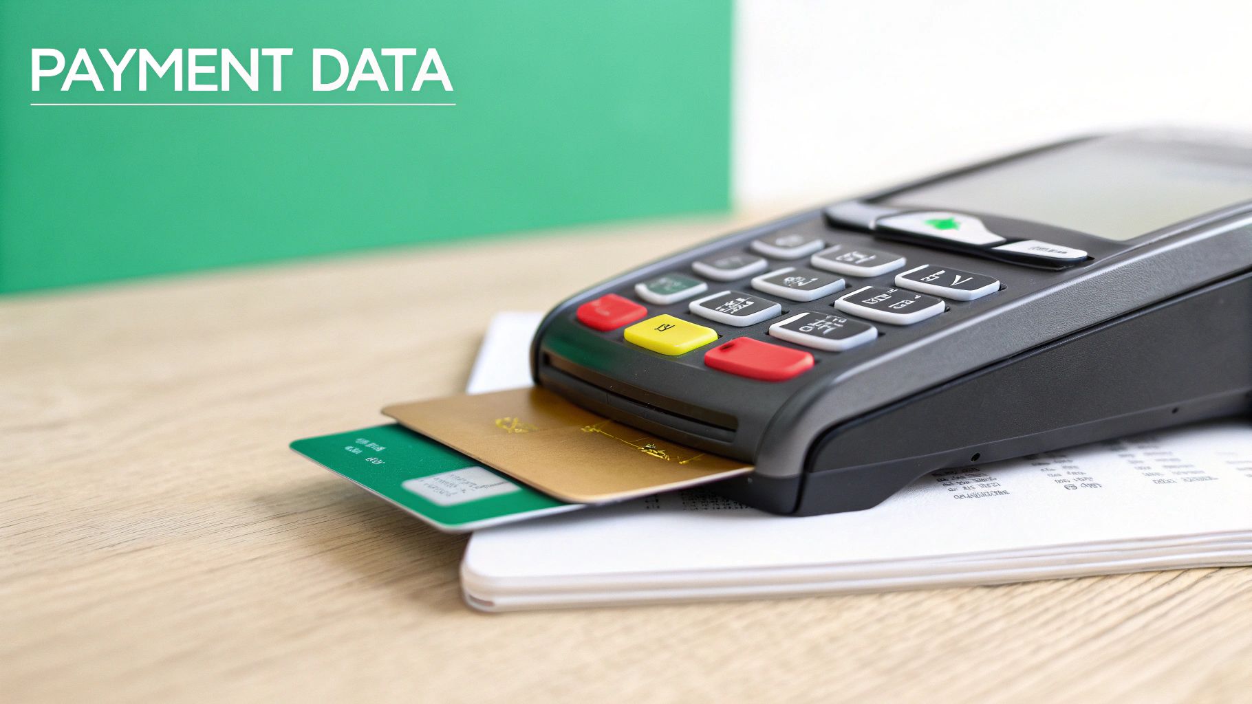 Credit cards are inserted into a payment terminal, with "PAYMENT DATA" text on a green background.