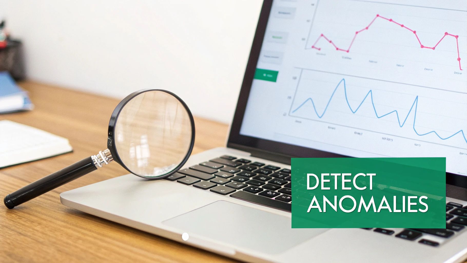 A magnifying glass on a laptop showing data charts and "DETECT ANOMALIES" text.