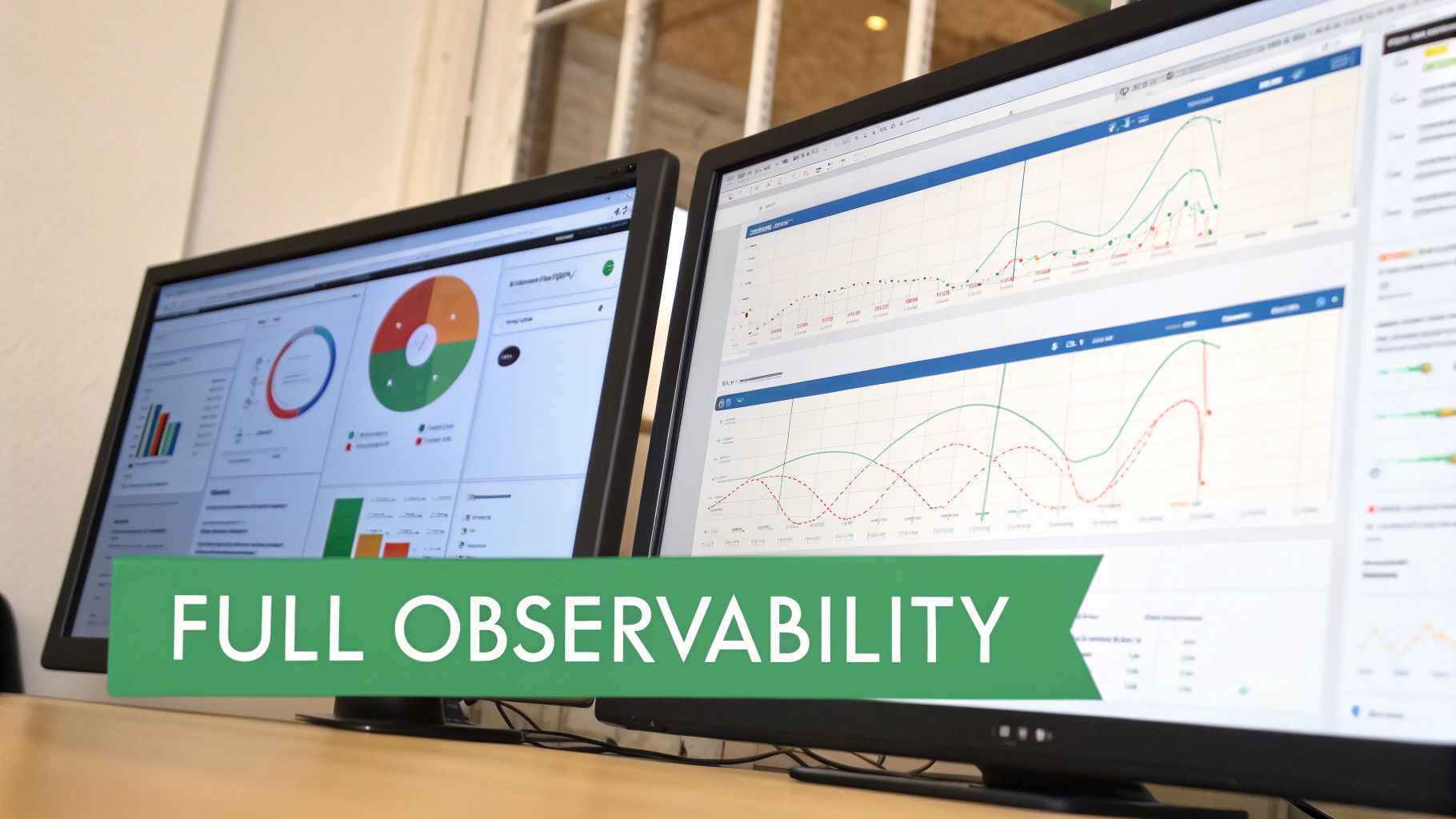 Two computer monitors display complex data dashboards with charts and graphs, showcasing full observability.