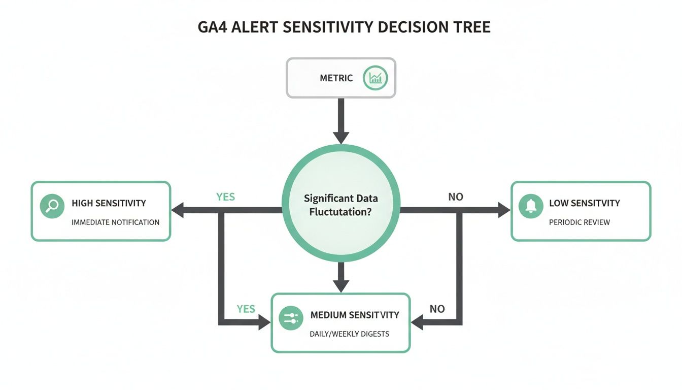 Flowchart illustrating a GA4 alert sensitivity decision tree for metrics, determining high, medium, or low sensitivity based on data fluctuation.