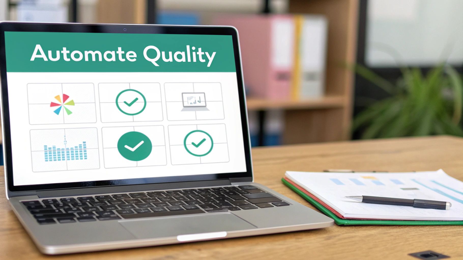 A laptop displays 'Automate Quality' with icons, next to a clipboard with charts and a pen on a desk.