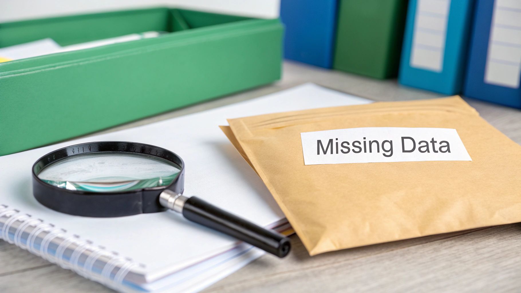 A magnifying glass and a notebook next to an envelope labeled 'Missing Data' on a desk.