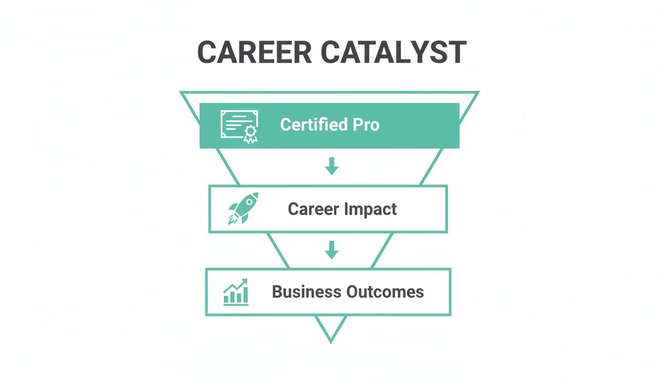 A 'Career Catalyst' diagram showing a progression from 'Certified Pro' to 'Career Impact' and 'Business Outcomes'.