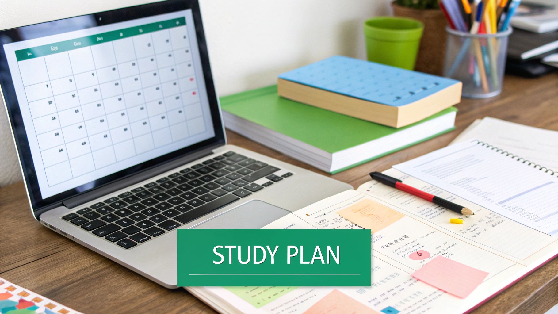 A detailed study plan on a laptop, with notebooks and books on a wooden desk.