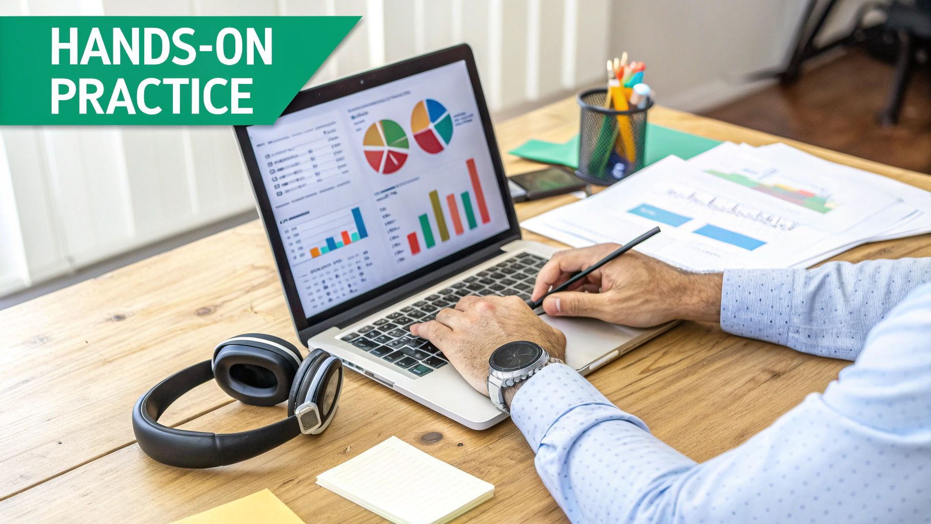 A person works on a laptop displaying data charts, with 'HANDS-ON PRACTICE' text.