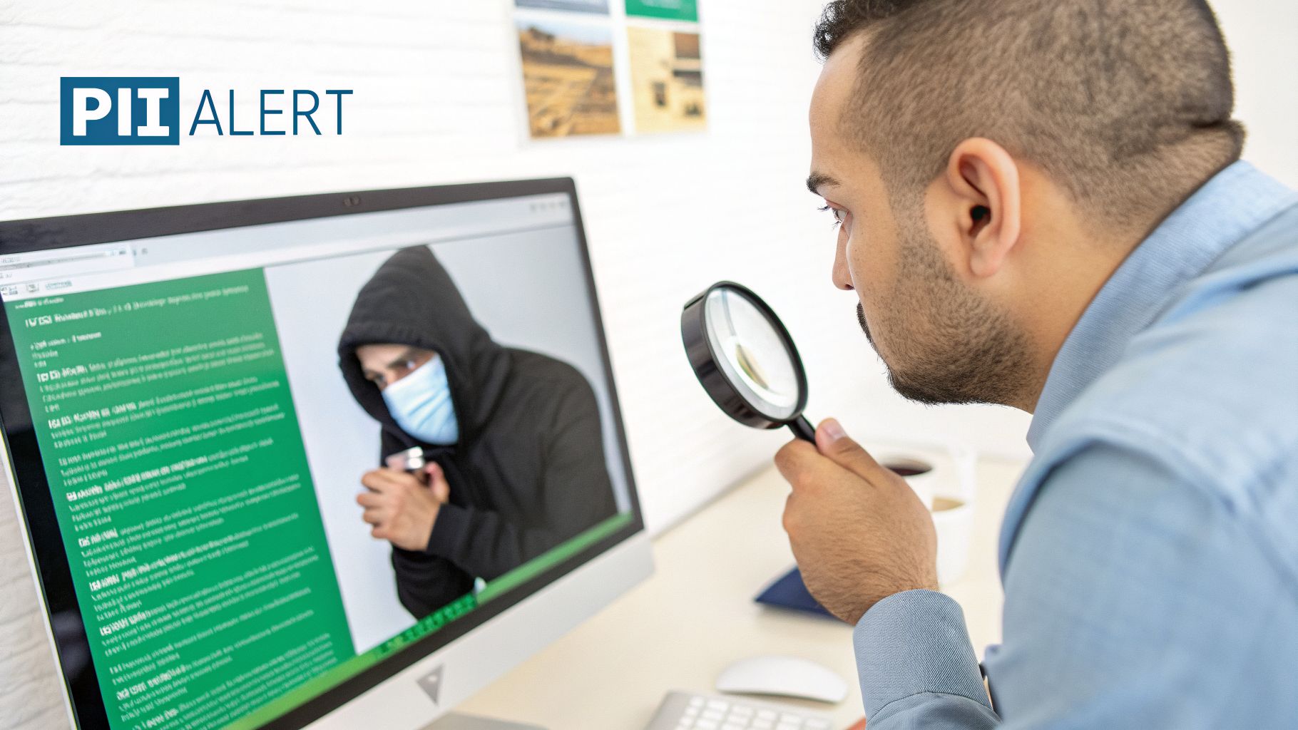 A man intently views a computer screen with a magnifying glass, showing a hacker and a PII alert.