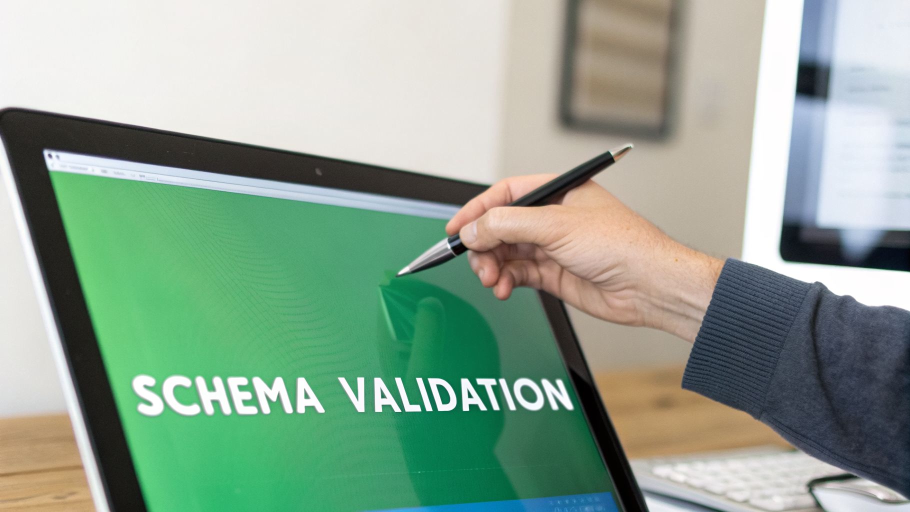 A hand uses a stylus to interact with a laptop screen displaying 'SCHEMA VALIDATION' on a green background.