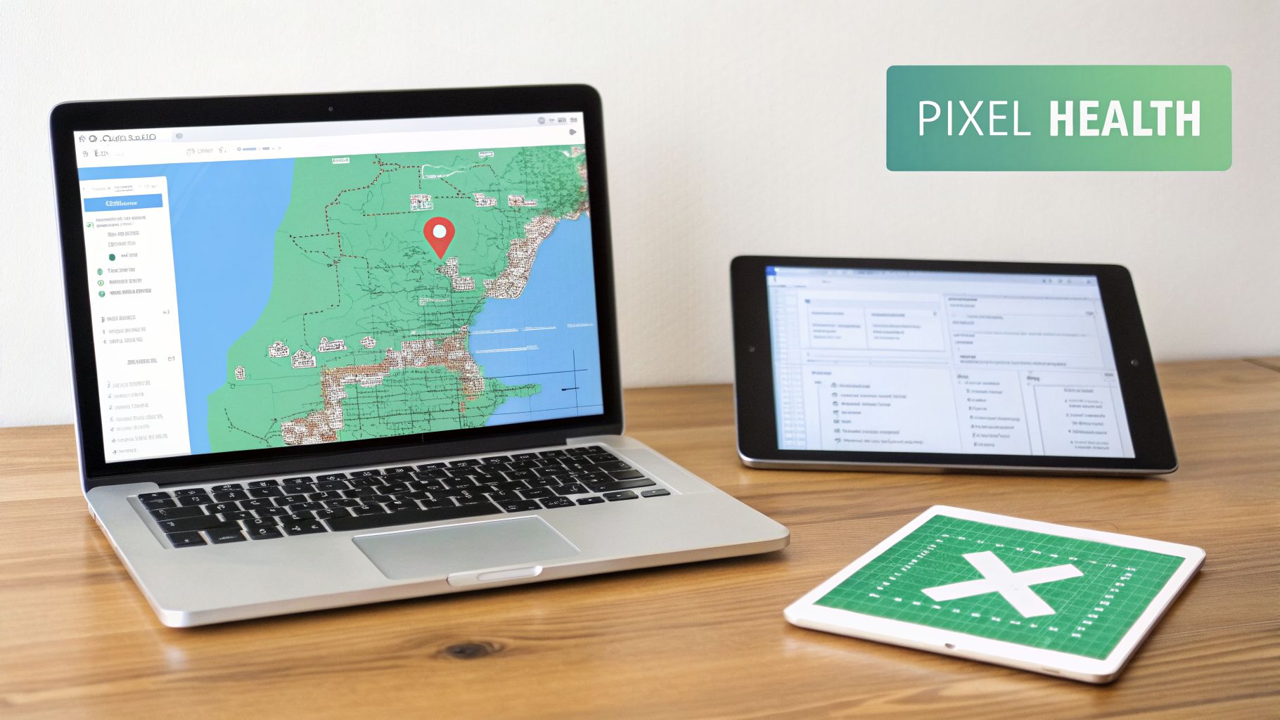 Three digital devices on a wooden table displaying a map, data, and a green X icon.