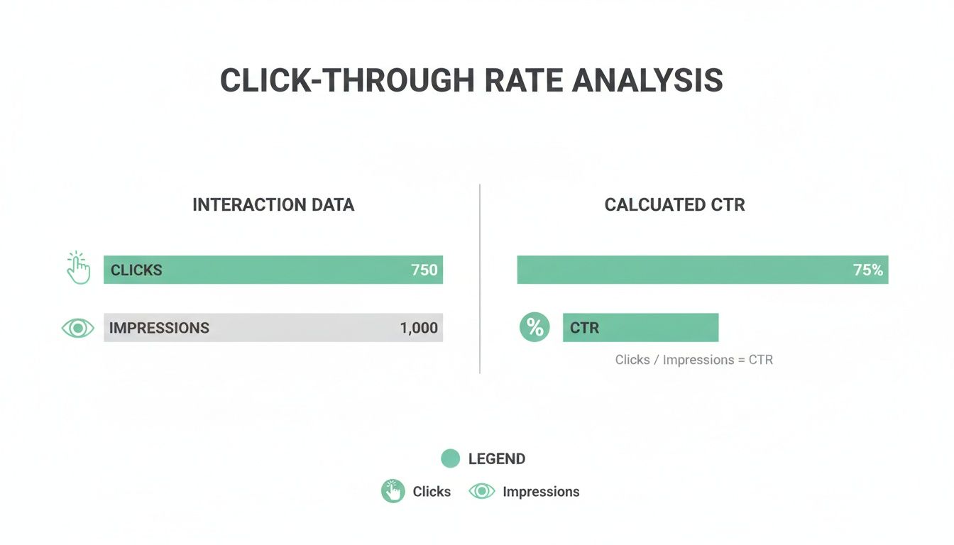 Click-through rate analysis showing 750 clicks, 1000 impressions, and a calculated 75% CTR.