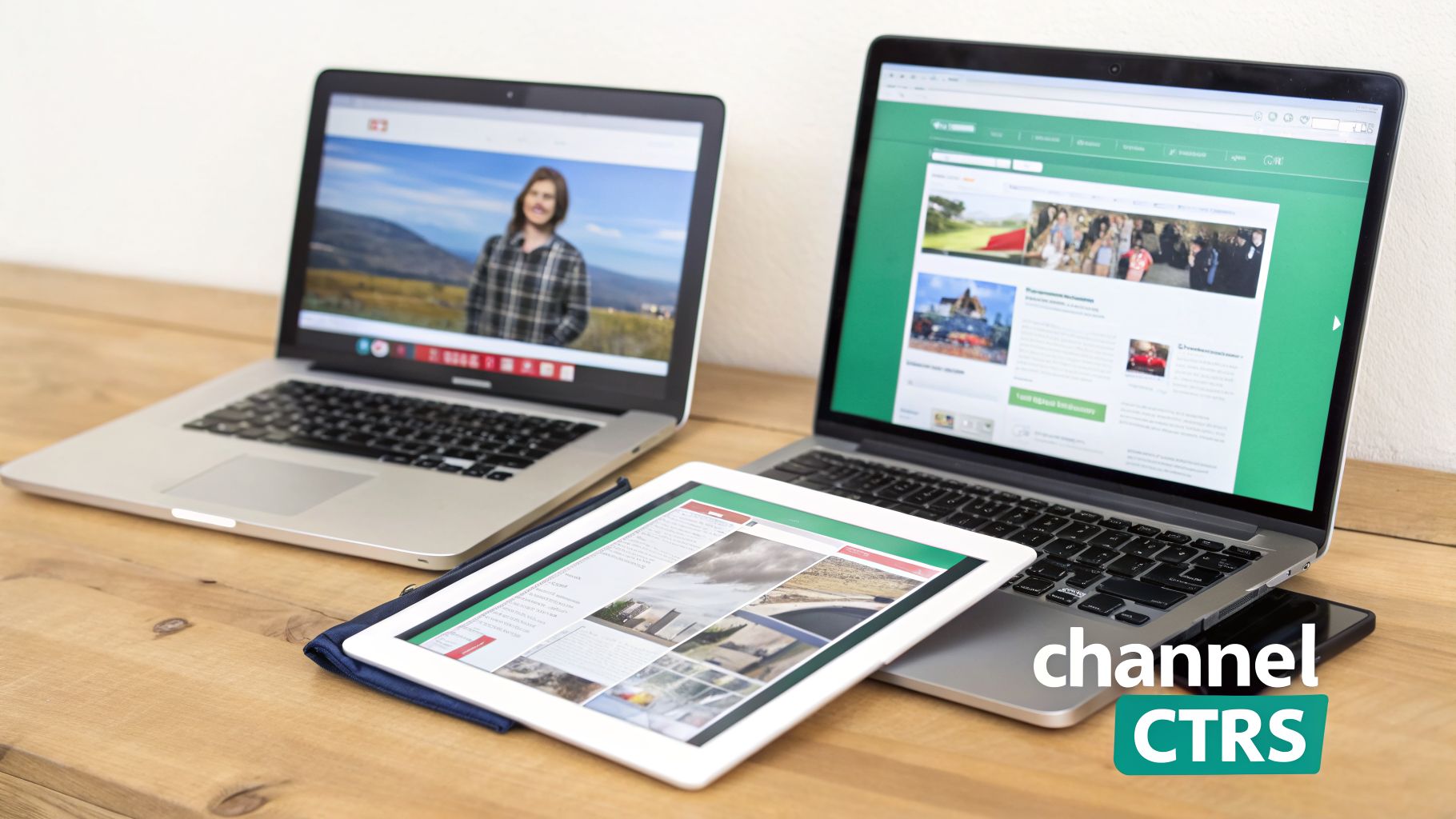 Three electronic devices, two laptops and one tablet, showing websites on a wooden table.