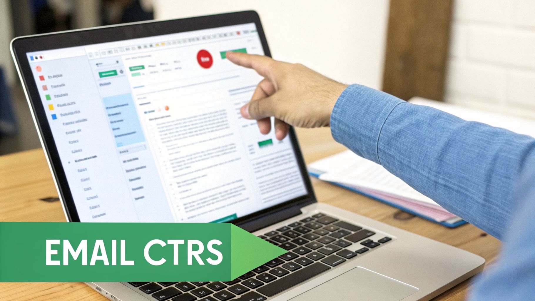 A person's hand points to an email displayed on a laptop screen, with 'EMAIL CTRS' text.