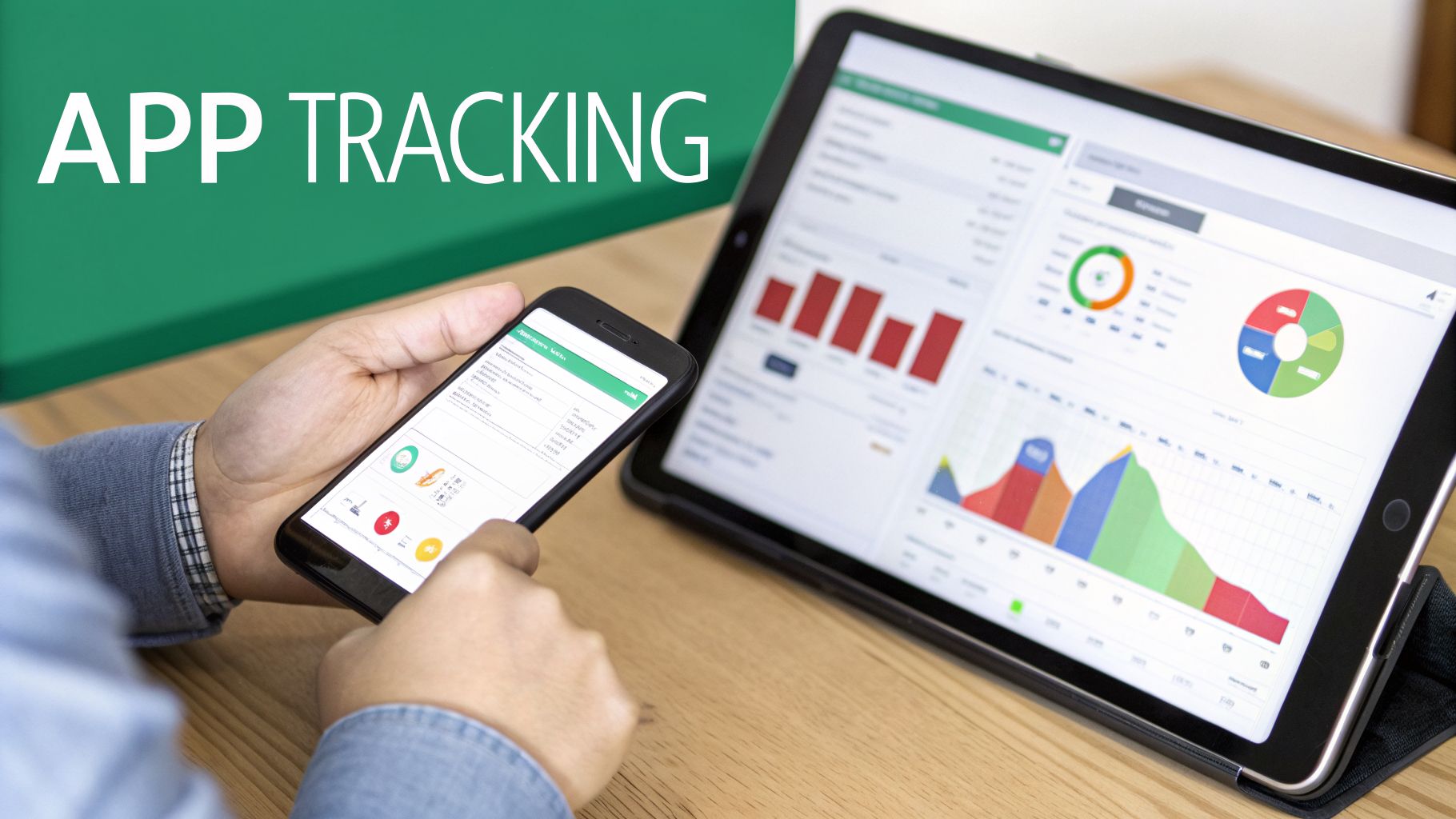 A person using a smartphone and a tablet showing app tracking data and analytics.